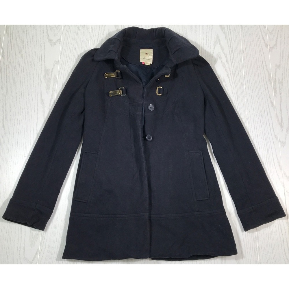 Anthropologie Pea Coat Women 2 Elevenses Blue Lined Button Up Cotton Wool Retro